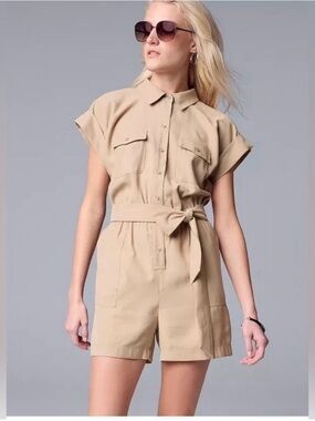 Simply Vera Vera Wang Tan Short-Sleeve Utility Romper with Tie Waist